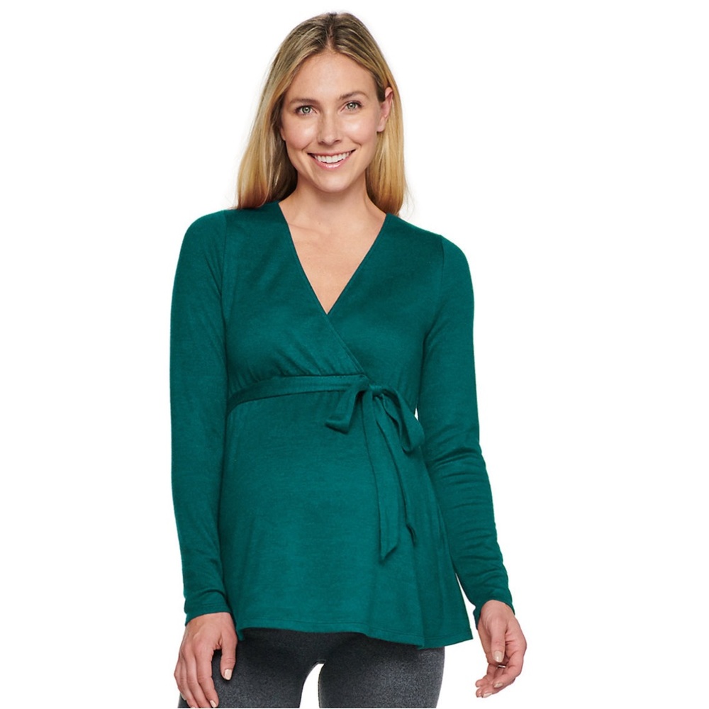 NWT Sonoma Hacci Knot-Waist Long Sleeve Wrap Top Green Maternity Size M Size L